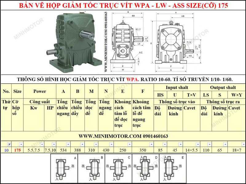 Bản vẽ kỹ thuật hộp giảm tốc trục vít WPA-LW-ASS size 175