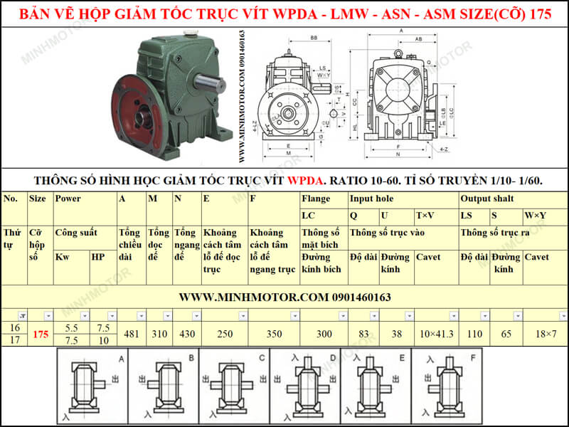 Bản vẽ kỹ thuật hộp giảm tốc trục vít WPDA-LMW-ASN-ASM size 175