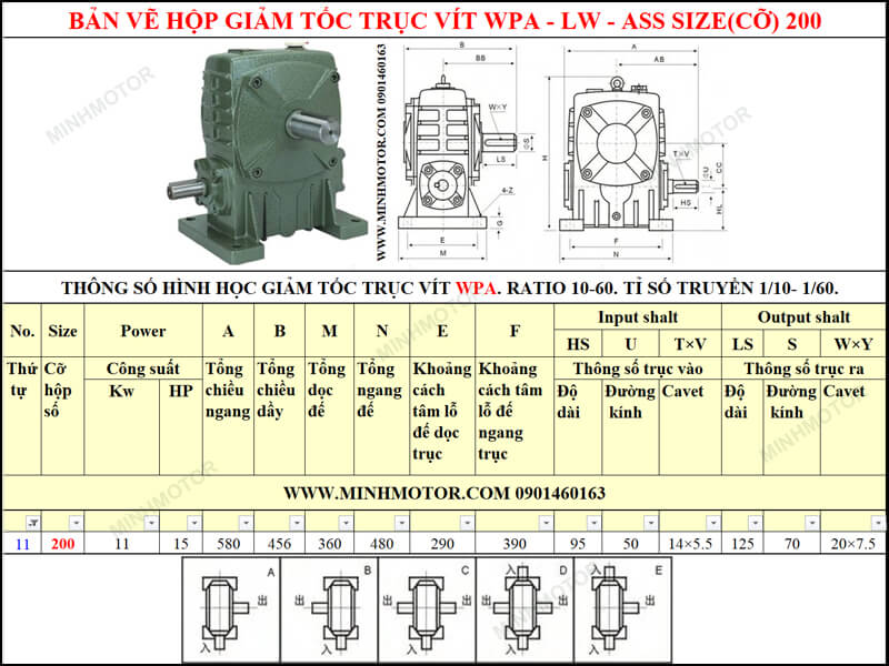 Bản vẽ kỹ thuật hộp giảm tốc trục vít WPA-LW-ASS size 200