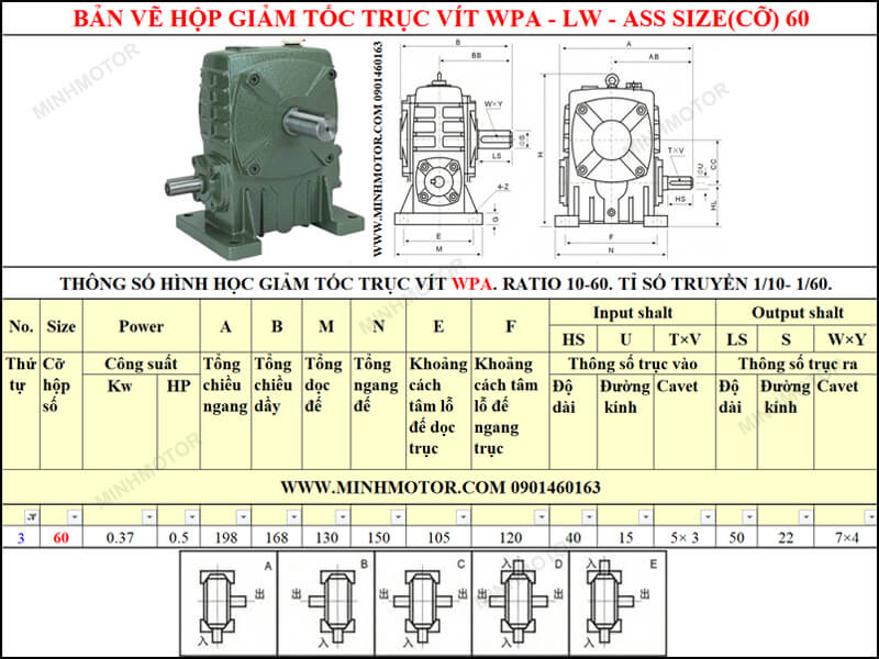 Bản vẽ kỹ thuật hộp giảm tốc trục vít WPA-LW-ASS size 60