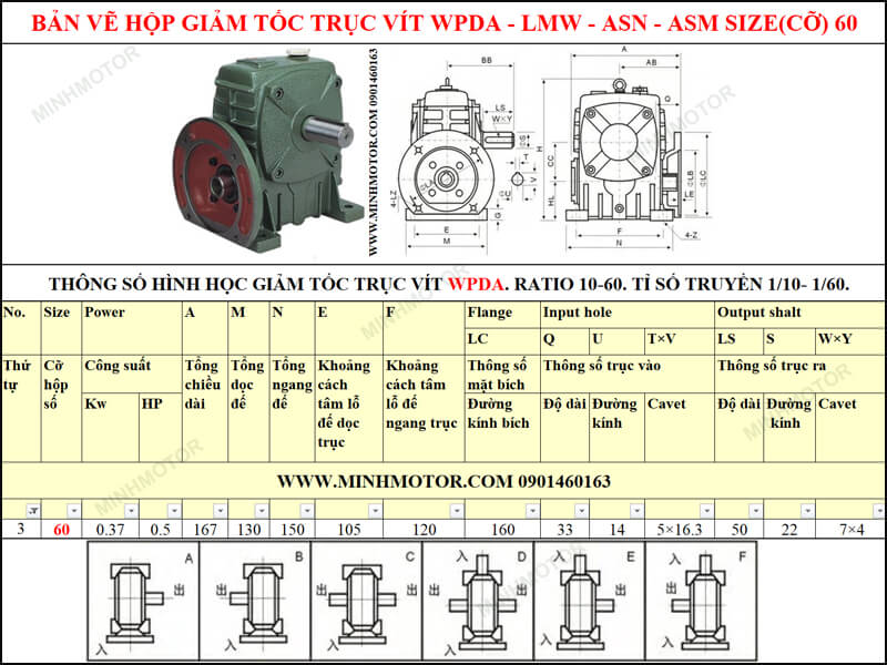 Bản vẽ kỹ thuật hộp giảm tốc trục vít WPDA-LMW-ASN-ASM size 60