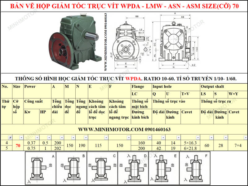 Bản vẽ kỹ thuật hộp giảm tốc trục vít WPDA-LMW-ASN-ASM size 70
