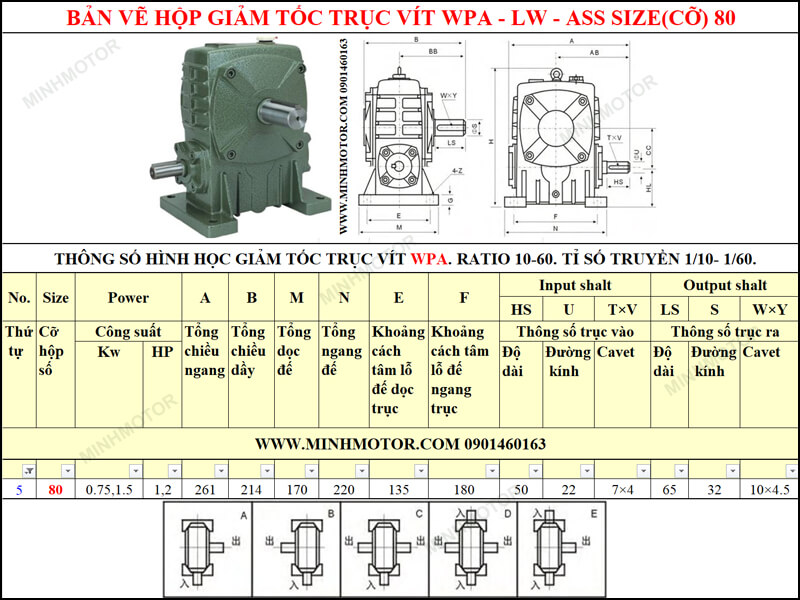 Bản vẽ kỹ thuật hộp giảm tốc trục vít WPA-LW-ASS size 80