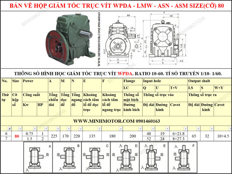 Bản vẽ kỹ thuật hộp giảm tốc trục vít WPDA-LMW-ASN-ASM size 80