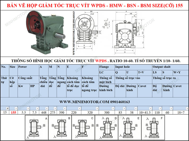 Bản vẽ kỹ thuật hộp số trục vít WPS-HMW-BSN-BSM size 155