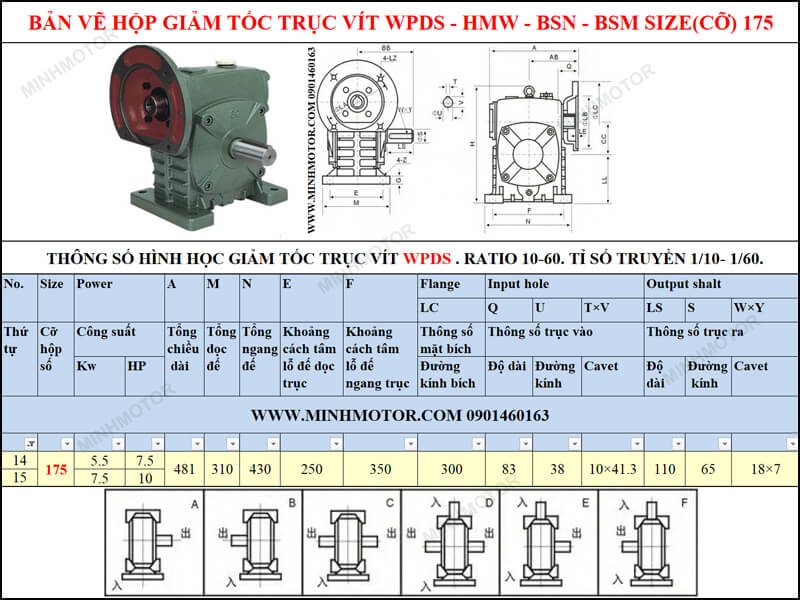 Bản vẽ kỹ thuật hộp số trục vít WPS-HMW-BSN-BSM size 175