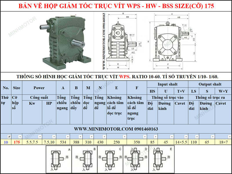 Thông số kỹ thuật hộp số trục vít WPS-HW-BSS size 175