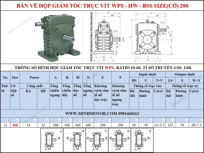 Thông số kỹ thuật hộp số trục vít WPS-HW-BSS size 200