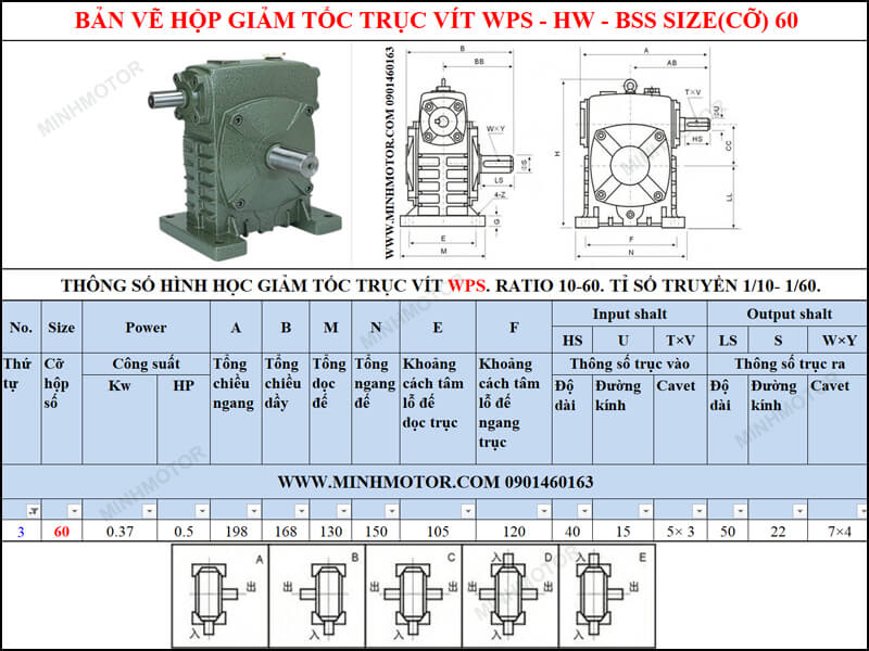 Thông số kỹ thuật hộp số trục vít WPS-HW-BSS size 60