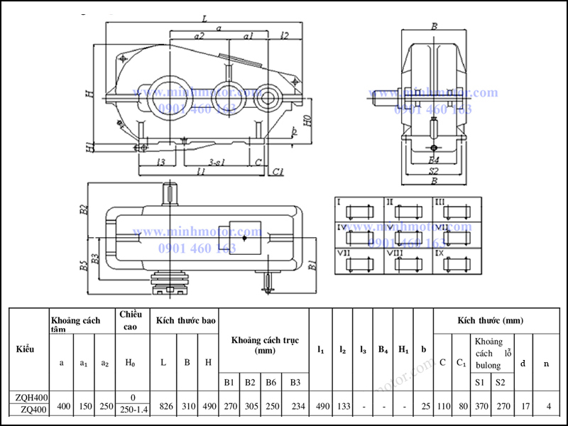 Kích thước hộp số JZQ 400