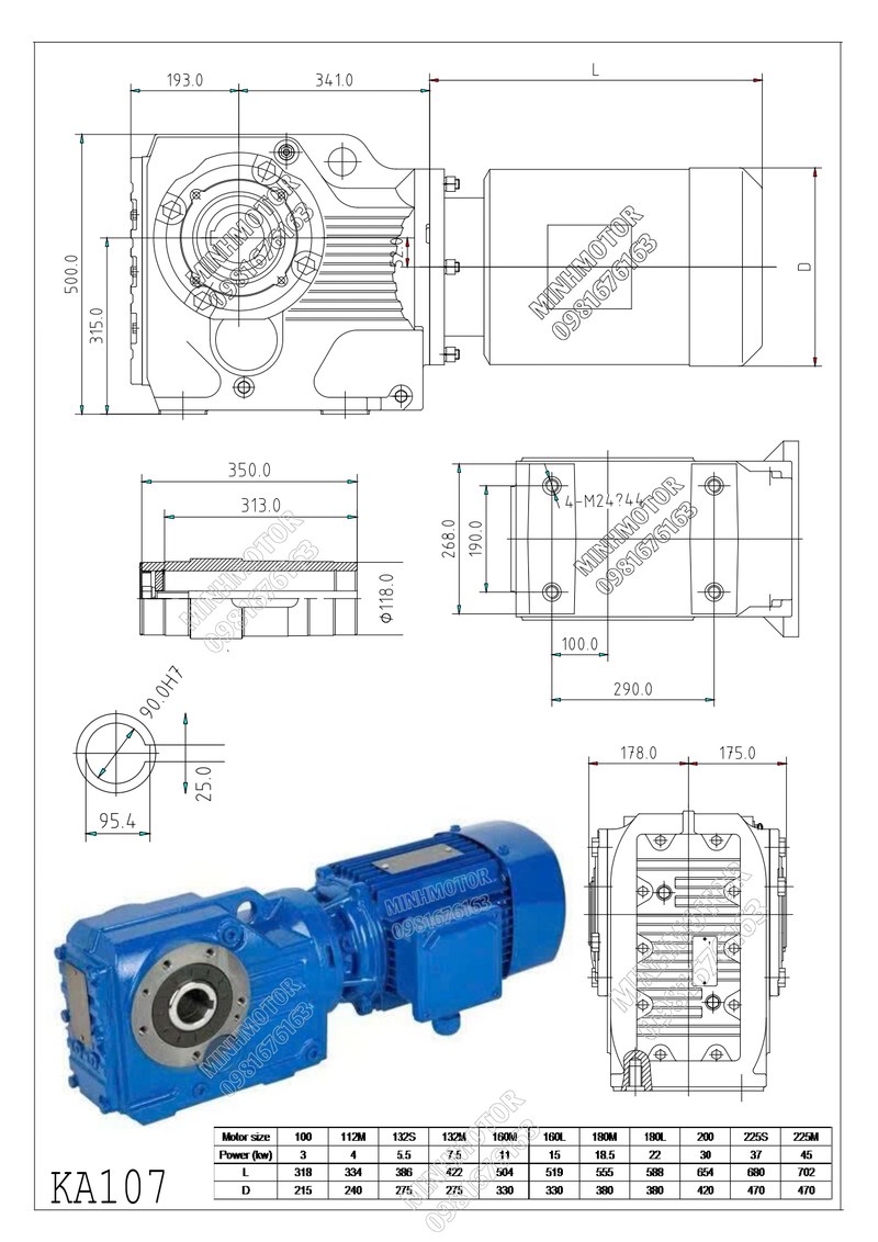 Bản vẽ k&iacute;ch thước lắp đặt hộp giảm tốc KA107