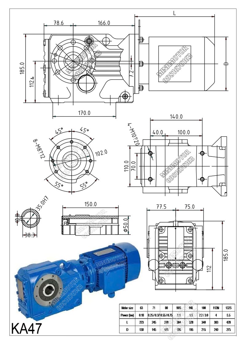 Bản vẽ k&iacute;ch thước lắp đặt hộp giảm tốc KA47