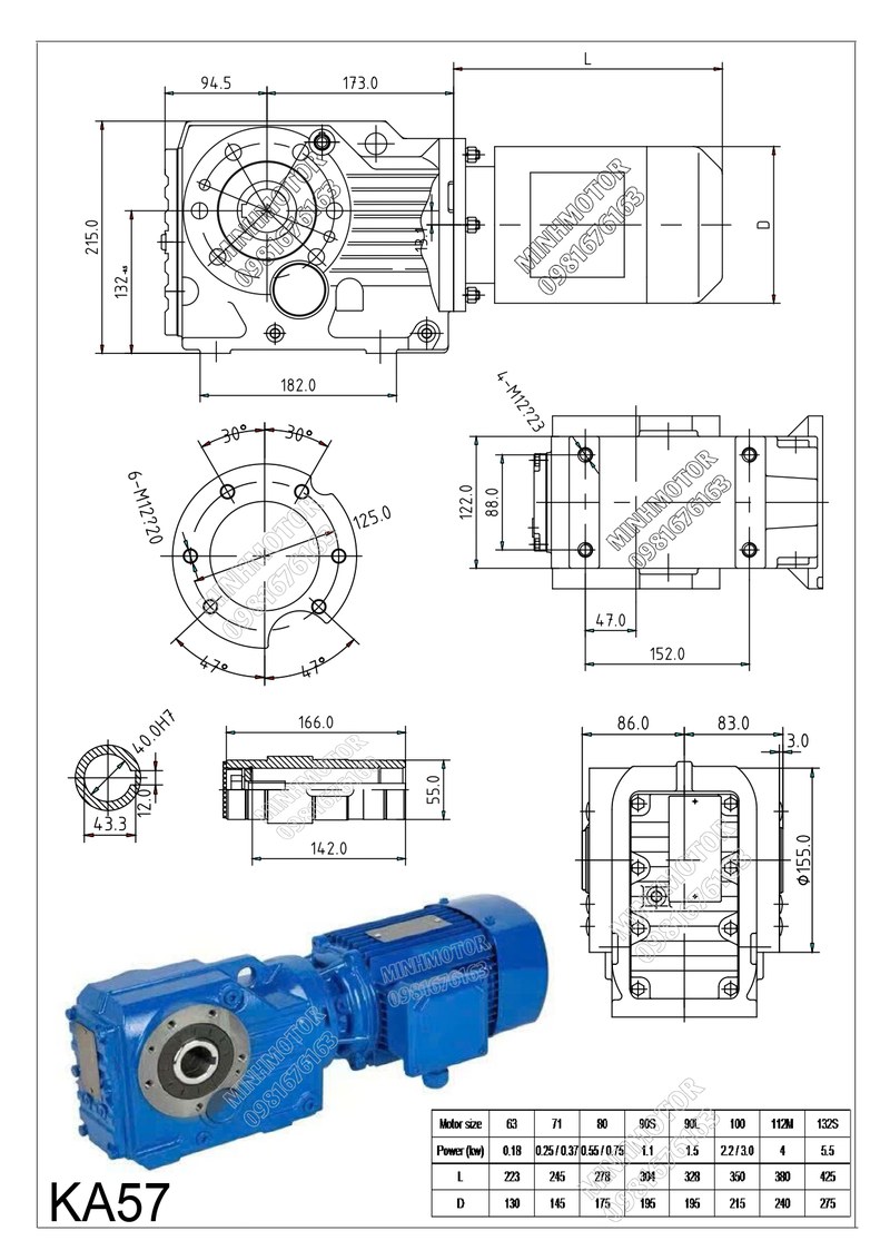 Bản vẽ k&iacute;ch thước lắp đặt hộp giảm tốc KA57