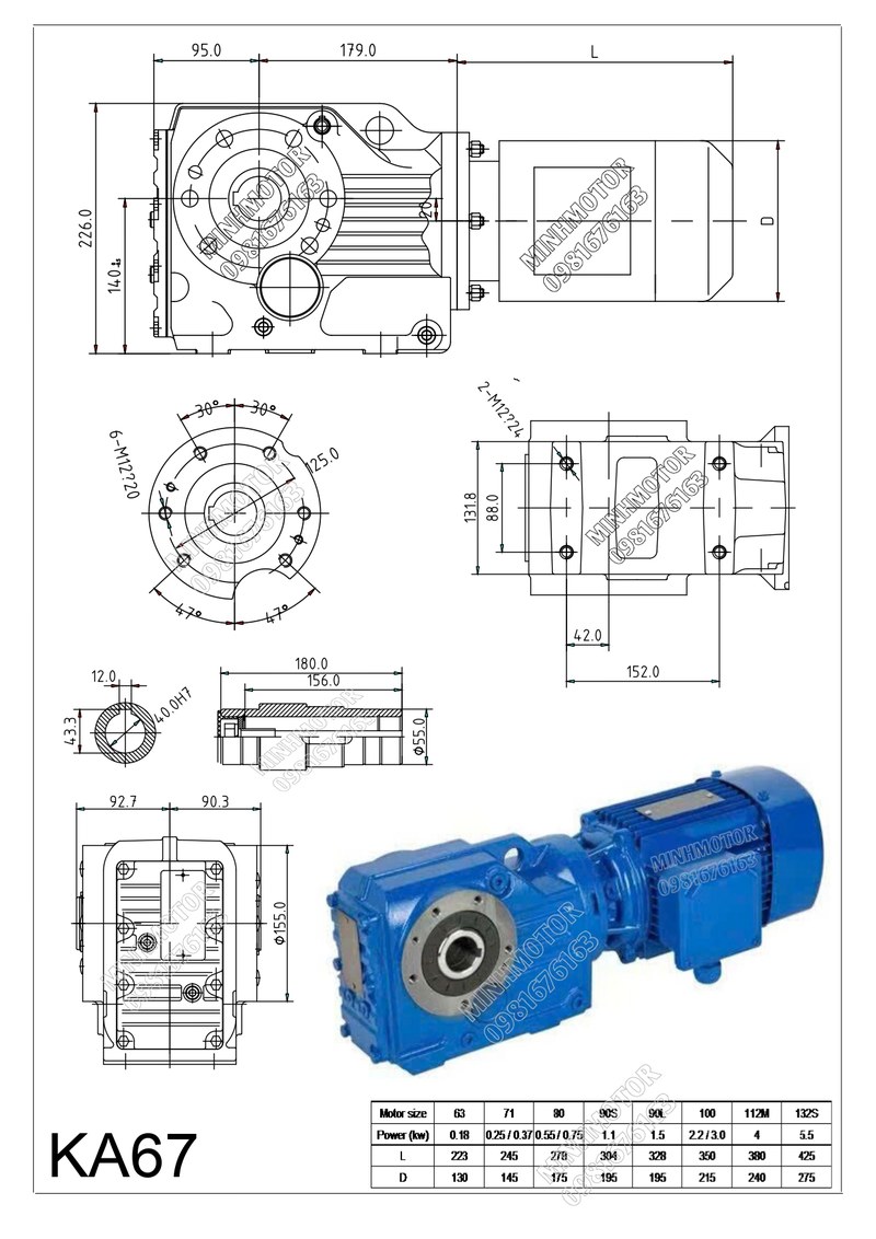 Bản vẽ k&iacute;ch thước lắp đặt hộp giảm tốc KA67