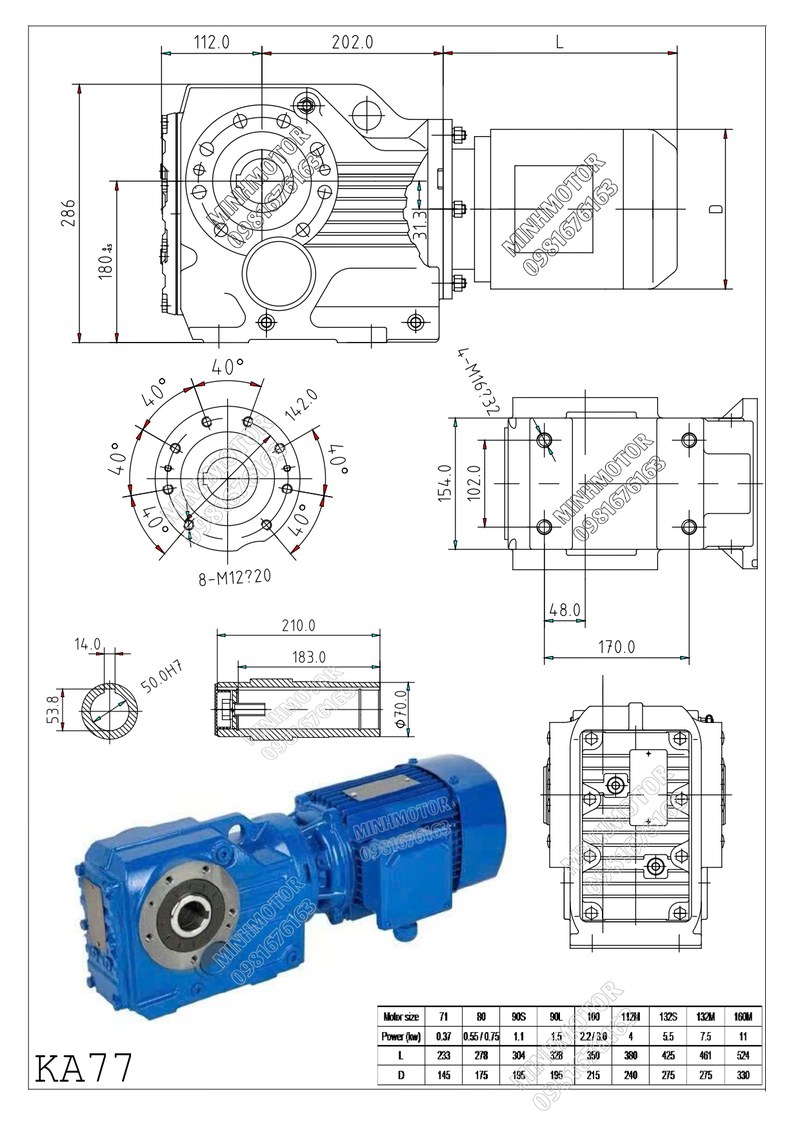 Bản vẽ kích thước lắp đặt hộp giảm tốc KA77