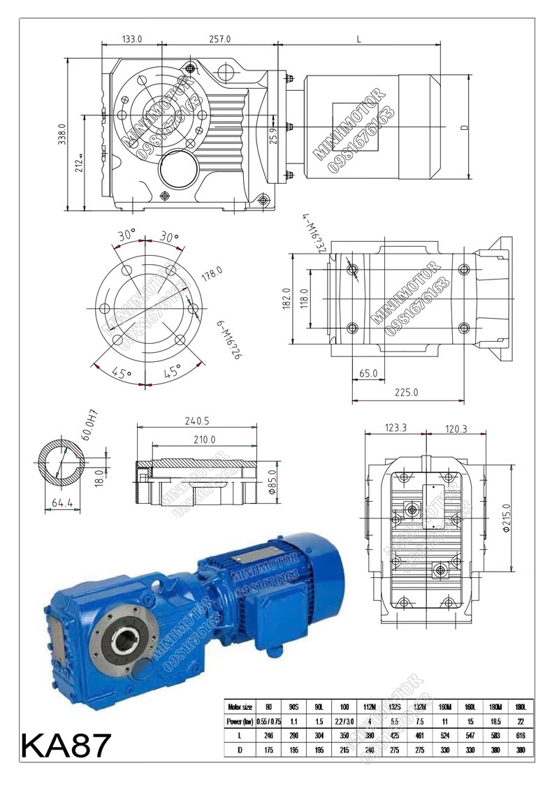 Bản vẽ k&iacute;ch thước lắp đặt hộp giảm tốc KA87