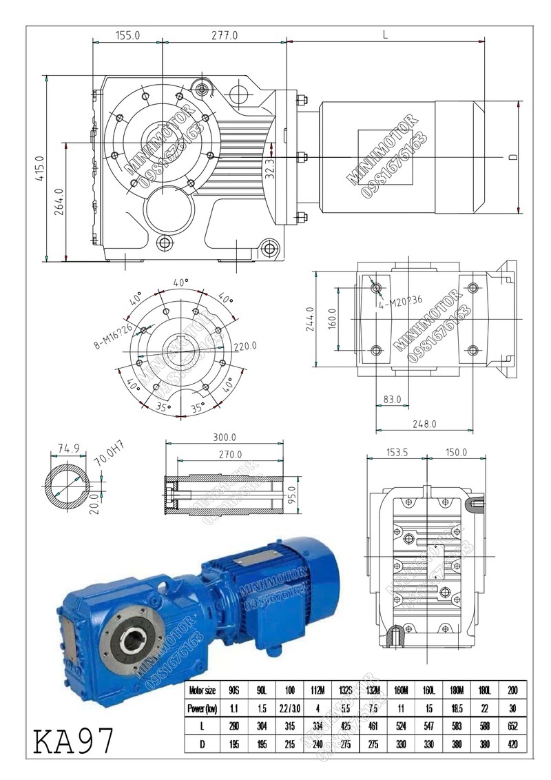 Bản vẽ kích thước lắp đặt hộp giảm tốc KA97