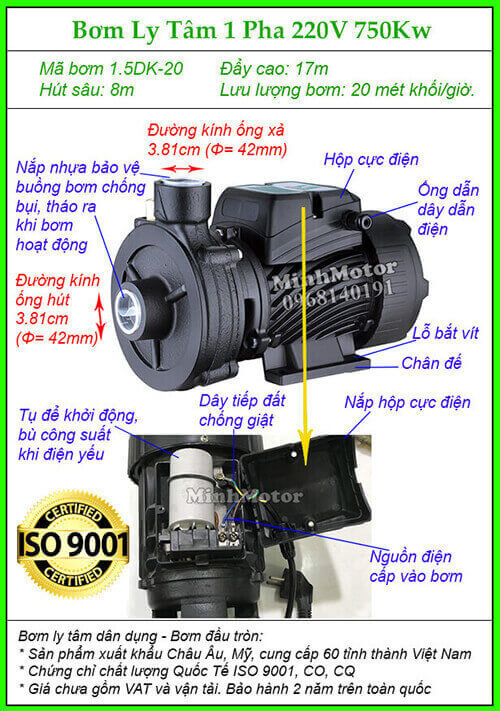 Máy bơm 1Hp điện 1 pha 220v mã 1.5DK-20