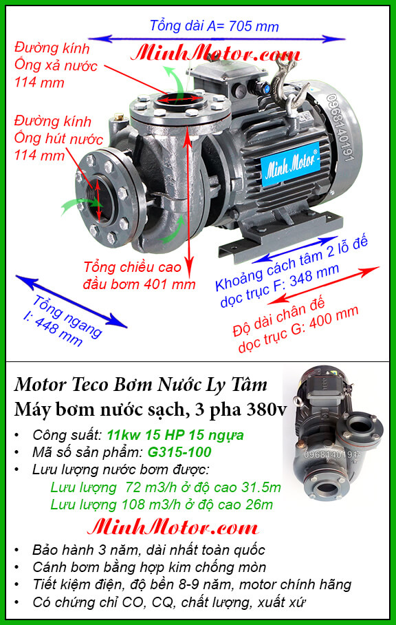 Máy bơm nước 3 pha 5kw G315-100 Đài Loan, hút 108 khối, đẩy cao 31.5m