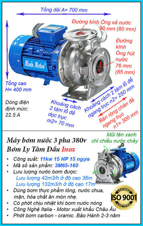 Máy bơm nước 15hp 3M Inox hút cao 56 m, lưu lượng 132 m3/h