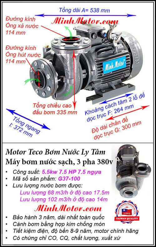 Máy bơm nước 3 pha 5 kw G37-100 Đài Loan, hút 102 khối, đẩy cao 17.5 m