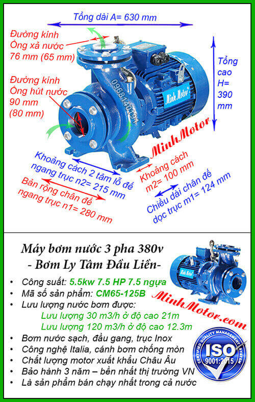 Máy bơm nước 3 pha 5kw CM65-125B hút 120 mét khối, đẩy cao 21 mét