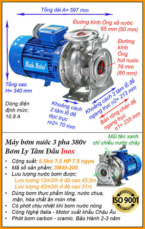 Máy bơm nước 7,5 hp 3M Inox hút cao 45.5m, lưu lượng 42m3/h