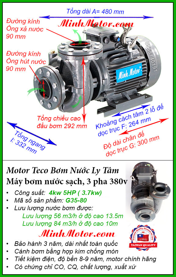 Máy bơm nước 3 pha 5Hp G35-80 Đài Loan, hút 84 khối, đẩy cao 10m