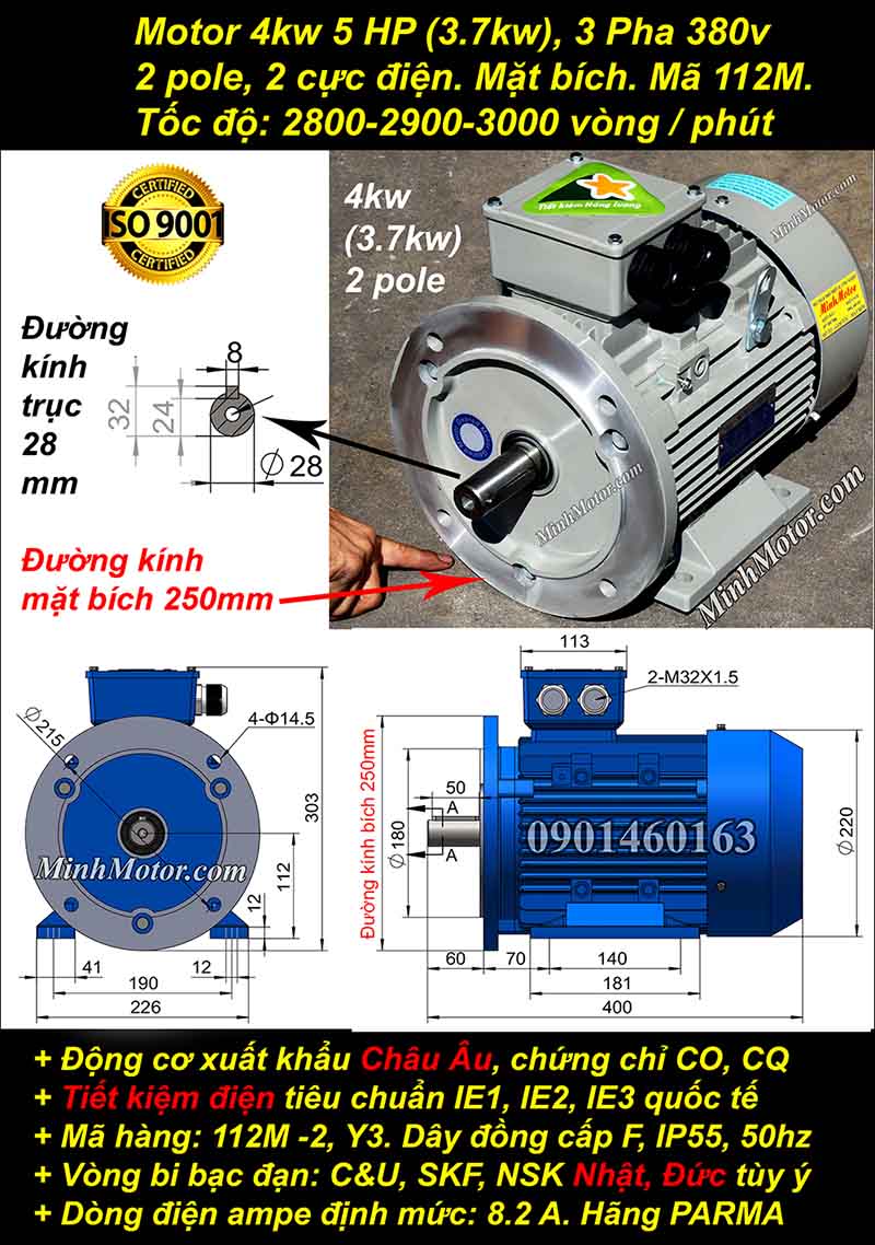 Động cơ 5HP 3.7kW 2900-3000 vòng 3 pha, mặt bích