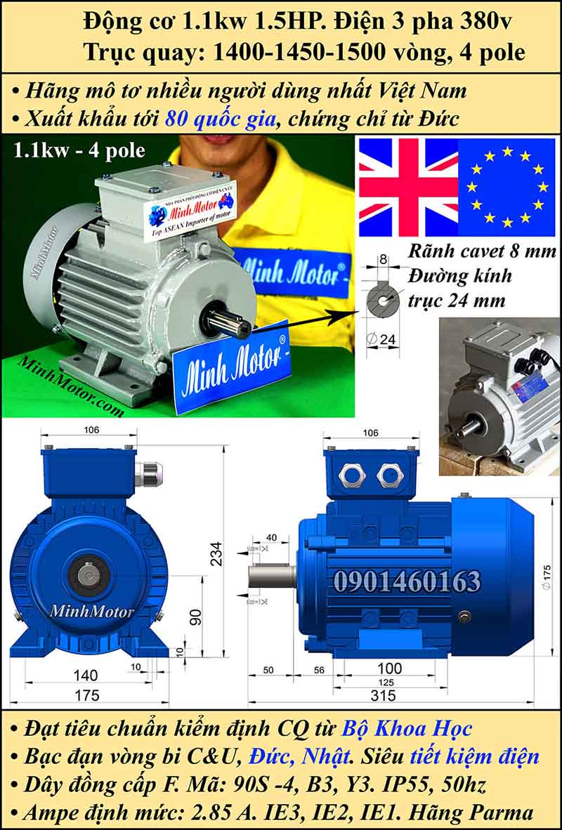 Motor 1.5HP 1.1kW 1400-1500 vòng phút tua chậm, chân đế