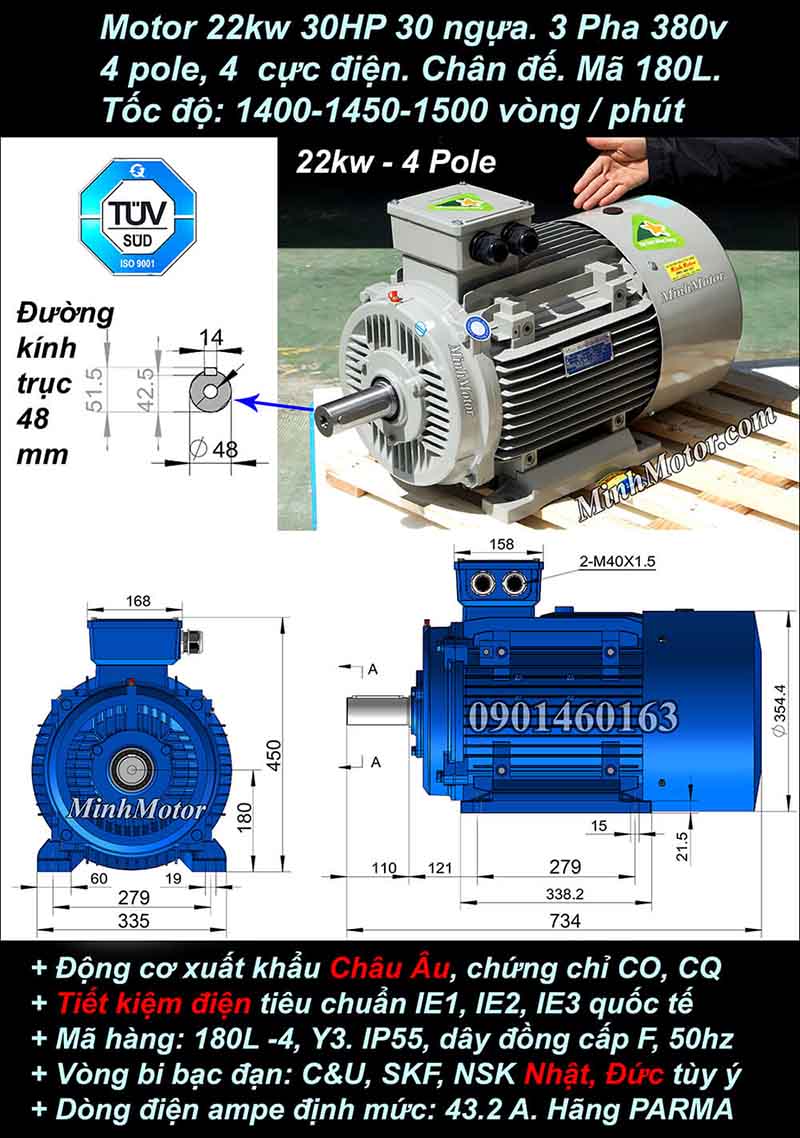 Motor 30HP 22kW 1400-1500 vòng phút tua chậm, chân đế