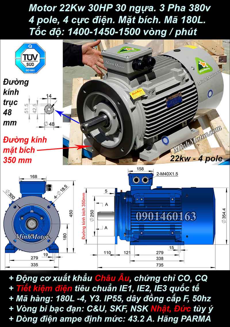 Motor 30HP 22kW 1400-1500 vòng phút tua chậm, mặt bích