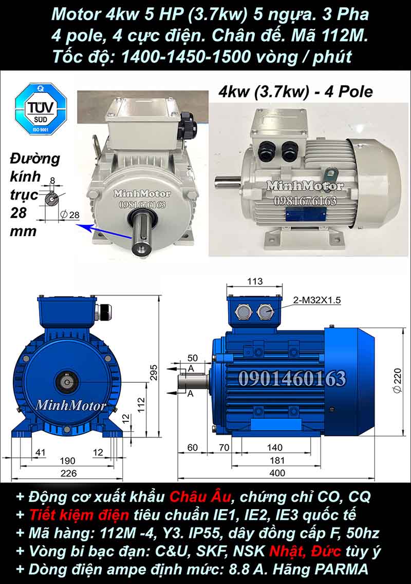 Motor 5HP 3.7kW 1400-1500 vòng phút tua chậm, chân đế
