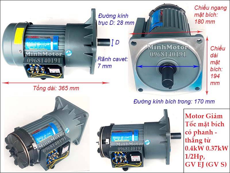 motor giảm tốc mặt bích có phanh - thắng từ 0.37kw 0.5hp trục 28, GV EJ (GV S)