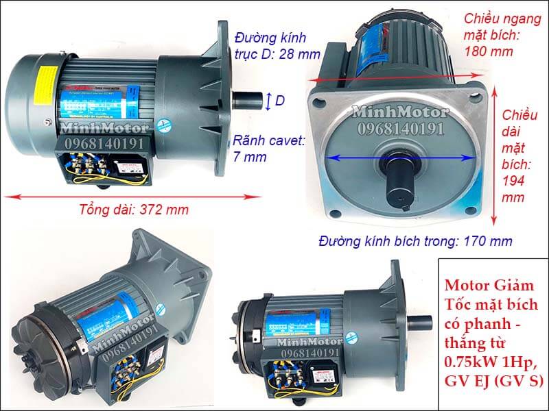 motor giảm tốc mặt bích có phanh - thắng từ 0.75kw 1hp trục 28, GV EJ (GV S)