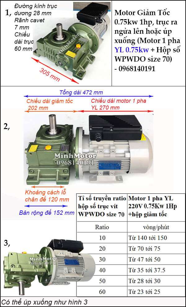 Motor hộp số 1 pha 220v 0.75kw 1hp WPWDO size 70