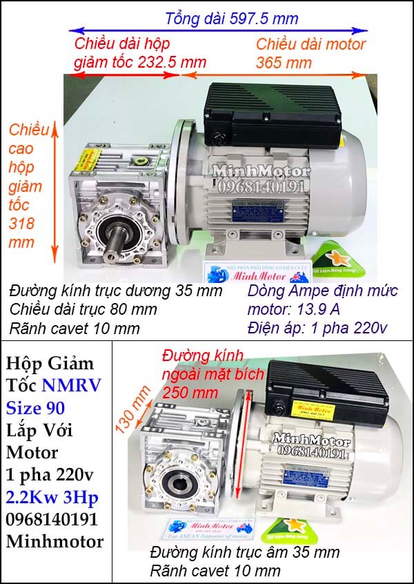 Hộp giảm tốc NMRV size 90 lắp motor 1 pha 2.2kw 3Hp 220V