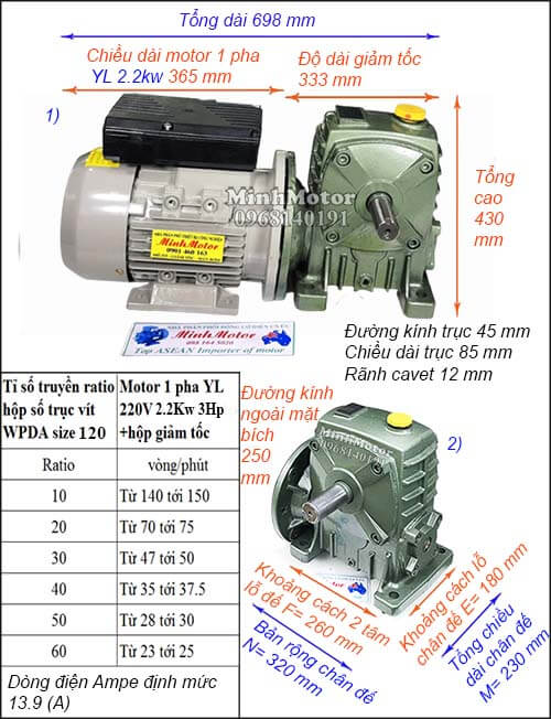 motor giảm tốc 1 pha 220V 1.5kw 2hp WPDA size 120