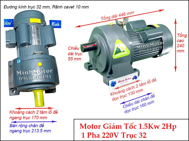 Bản vẽ kỹ thuật Motor giảm tốc 1 pha chân đế 1.5kw 220v