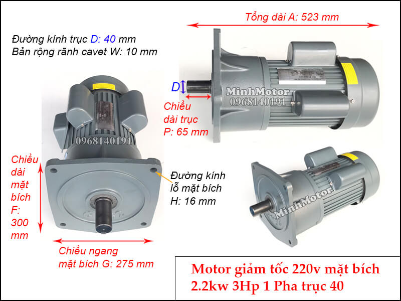 Bản vẽ kỹ thuật Motor giảm tốc 1 pha chân đế 2.2kw 220v