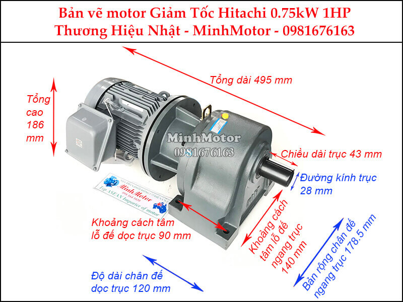 Motor giảm tốc Hitachi 0.75Kw 1Hp chân đế