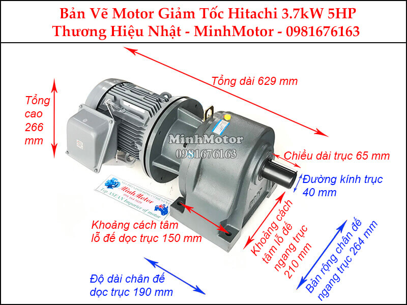 Motor giảm tốc Hitachi 3.7Kw 5Hp chân đế