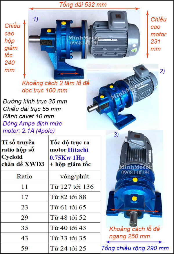 Motor Hitachi giảm tốc cycloid 0.75Kw 1Hp, trục thẳng XWD3