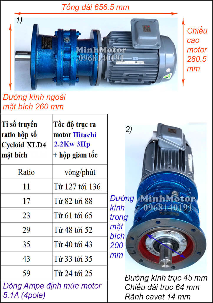 Motor giảm tốc mặt bích Hitachi 2.2Kw 3Hp khuấy XLD4