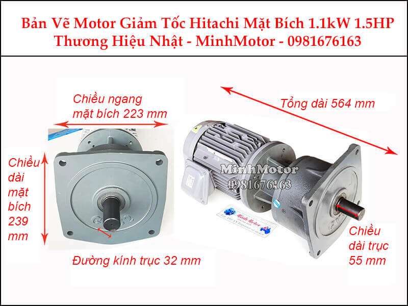 Động cơ giảm tốc Hitachi 1.1Kw 1.5Hp mặt bích