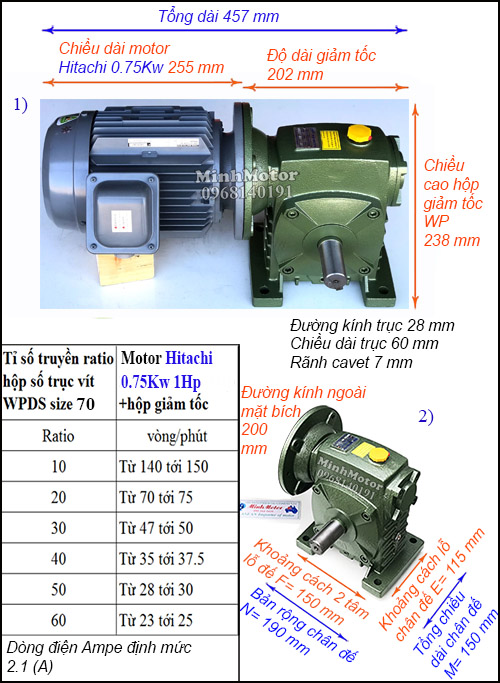 Hộp giảm tốc motor Hitachi 0.75Kw 1Hp WPDS, cốt dương size 70