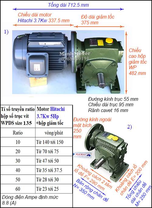 Hộp giảm tốc motor Hitachi 3.7Kw 5Hp WPDS, cốt dương size 135
