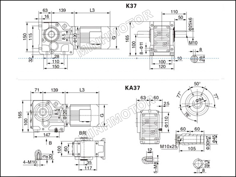 Bản vẽ Hộp Giảm Tốc K37 1HP 0.75Kw cốt âm, cốt dương