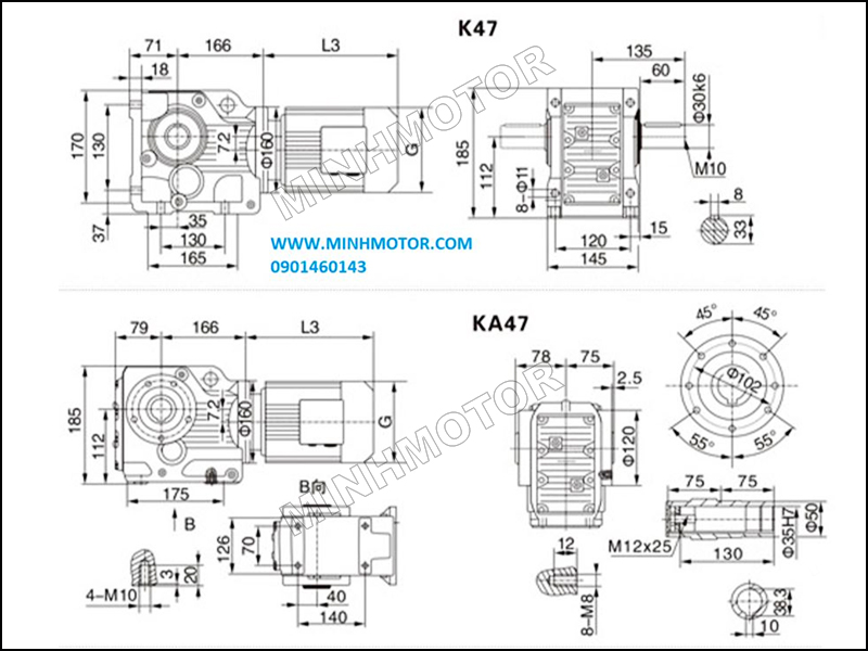Bản vẽ Hộp Giảm Tốc K47 0.75Kw 1HP cốt âm, cốt dương