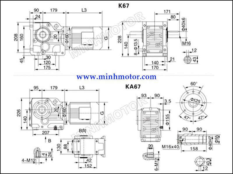 Bản vẽ Hộp Giảm Tốc K67 4kW 5HP cốt âm, cốt dương